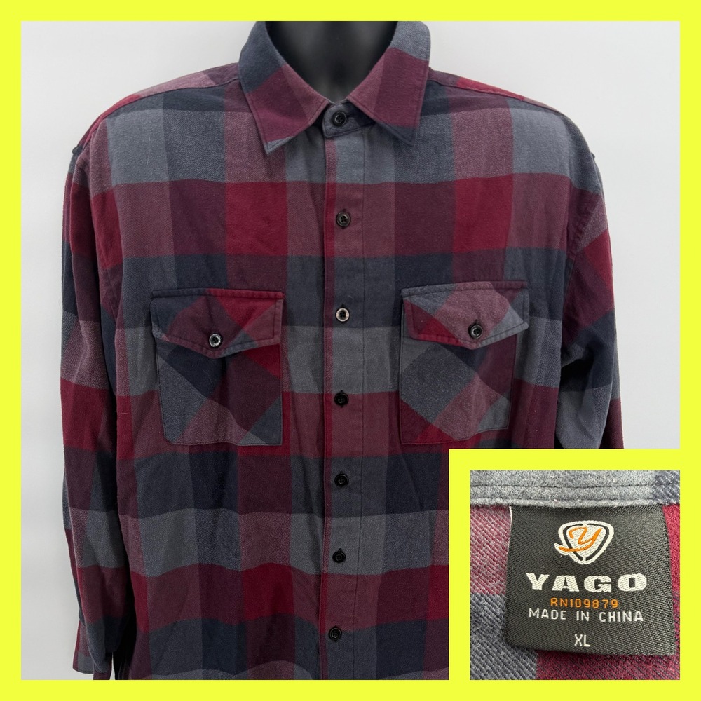 Yago Flannel Shirt Mens XL Long Sleeve Plaid Button Up Burgundy Gray
